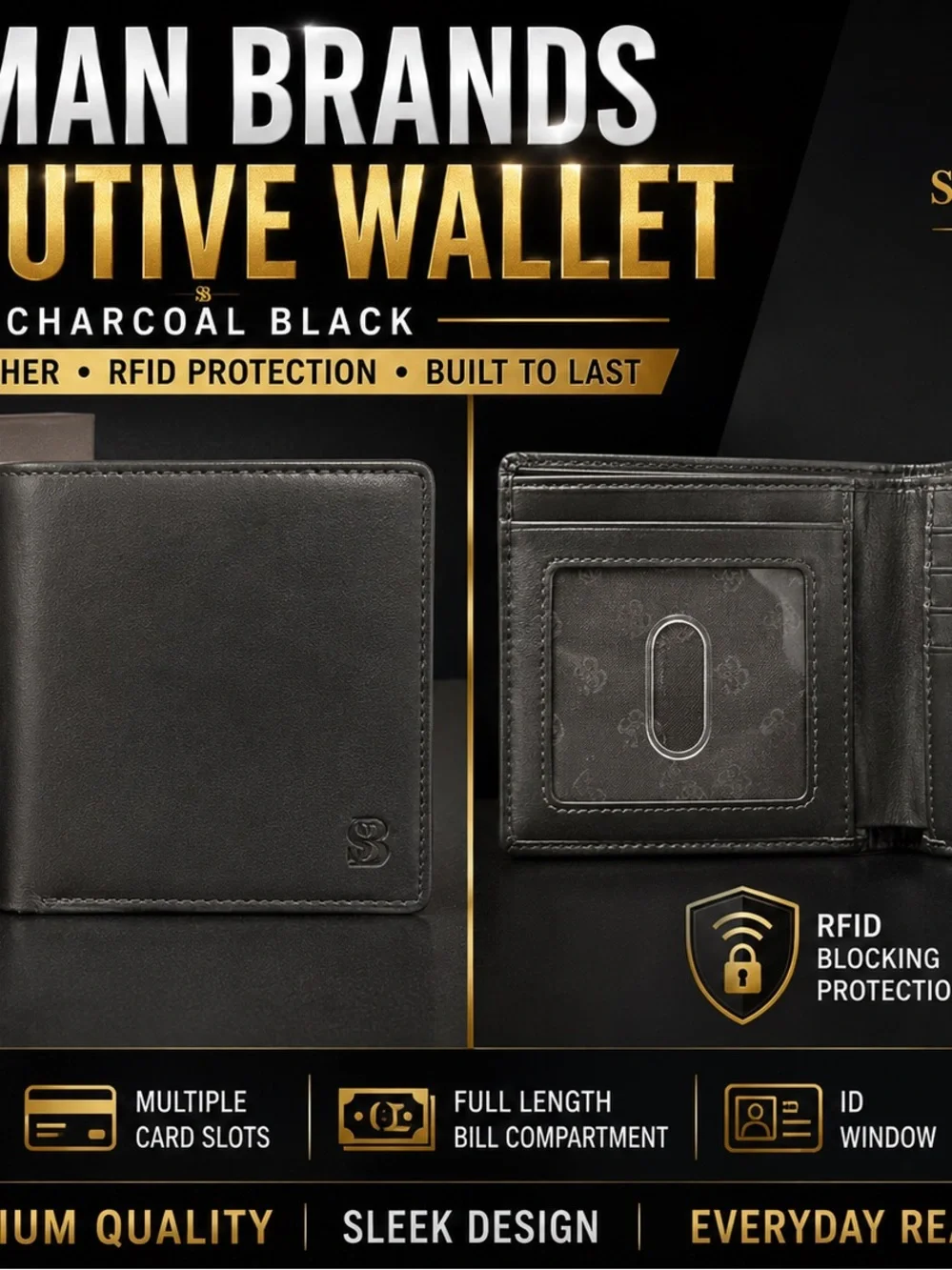 Executive Charcoal Black Leather Bi-Fold Wallet